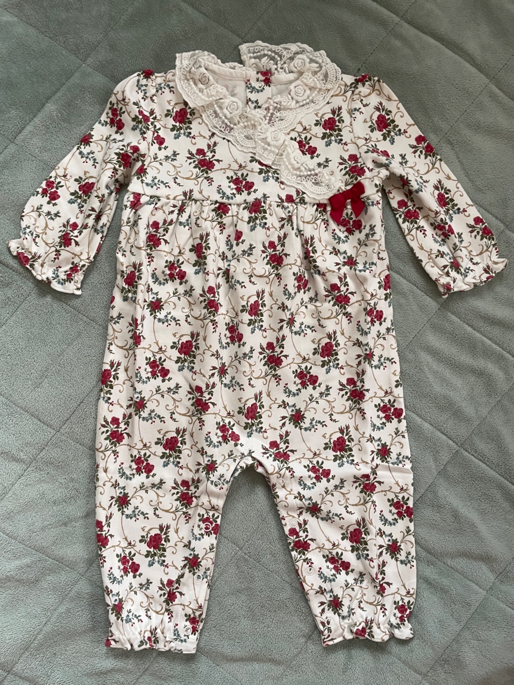 Janie and Jack Cream Floral Lace Baby Romper with Red Accents
